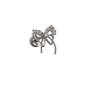 Silver titanium steel bow stud earring with clear crystals and screw back closure