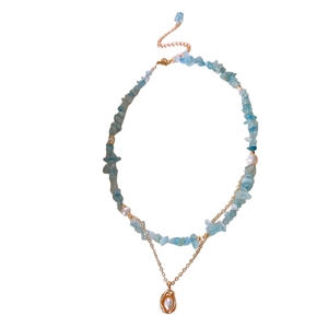 Aquamarine and freshwater pearl necklace with gold chain and teardrop pendant