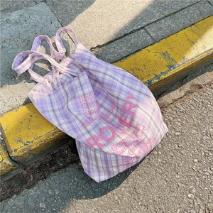 Plaid Tote Bag Checkered Canvas Style Polyester Large Capacity Shoulder Handbag Grocery Letter Print Sweet Retro Women