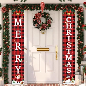 Christmas buffalo plaid door banners featuring Santa and Snowman for holiday decoration