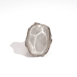 Minimalist silver irregular oval open ring with a polished metallic mirror finish