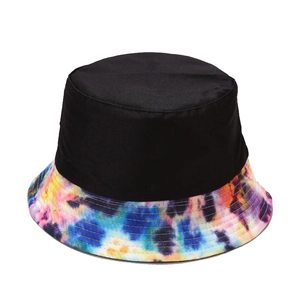 Foldable tie-dye bucket hat with black patchwork top and sun protection for women