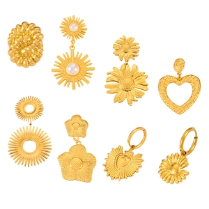 Golden 18K plated stainless steel earring set with heart and sunflower designs
