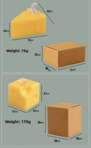 Cheese shaped scented candles with dimensions and weights shown in kraft boxes