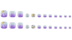 Detailed view of purple gradient press-on toenails with pearls and starfish charms