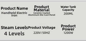 Detail specifications of hand steamer with 200ml tank and ceramic coated panel