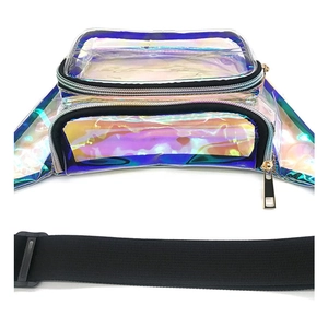 Detail of holographic PVC fanny pack featuring two zipper pockets and adjustable waist strap