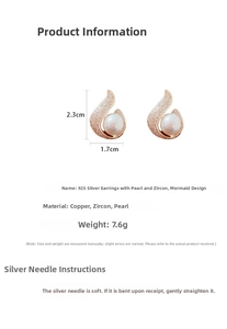 Detailed view of mermaid tail earrings with pearls and zircons showing 2.3x1.7cm size
