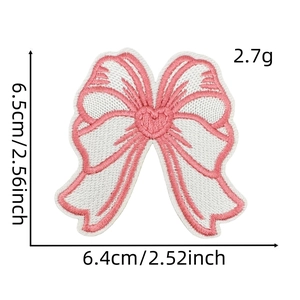 Pink and white embroidered bow patch with detailed dimensions 6.5cm by 6.4cm