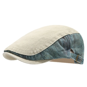 Vintage patchwork ivy cap with beige canvas and blue washed denim fabric side view
