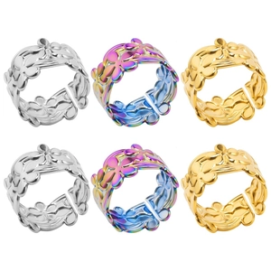 Minimalist 304 Stainless Steel Floral Hollow Out Open Ring For Men Women Fashion Adjustable Flower Pattern Band Ring Jewelry