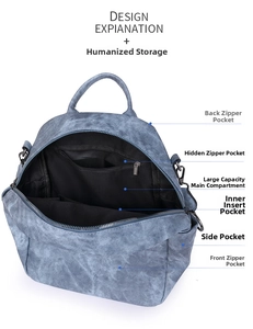 Dettaglio dell'interno dello zaino in denim con sistema multitasche e chiusure lampo