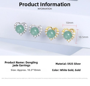 Detail of heart-shaped S925 silver stud earrings with green aventurine and zircons