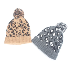 Fashionable leopard print knit beanies with fluffy pom poms in brown and dark grey tones