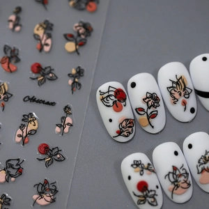 5D stereoscopic abstract flower nail stickers with artistic lines and colorful shapes