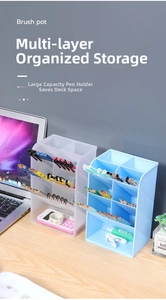 Close-up of frosted and light blue plastic diagonal organizers for pens and brushes