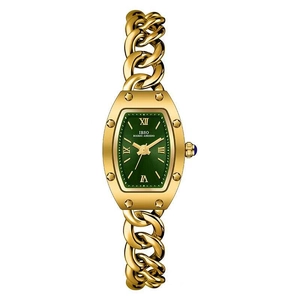 Montre tonneau dorée pour femme avec cadran vert et bracelet chaîne de luxe