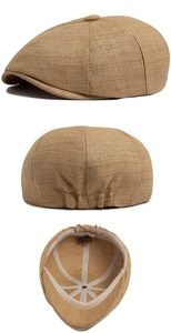 Detailed views of tan woven newsboy cap showing texture, elastic back and interior structure