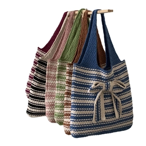 Large capacity striped knit tote bags with decorative bows in five assorted colors