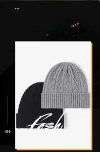 Detailed cable knit texture of a thick merino wool beanie in black and grey tones
