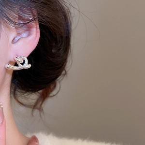 Vue macro d'une boucle d'oreille torsadée en argent portée sur le lobe de l'oreille