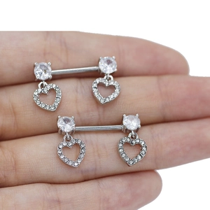 Sparkling silver heart-shaped nipple rings set with white zircon stones for women