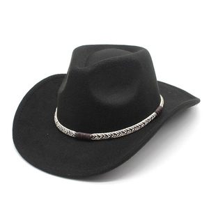 Detail of black wool cowboy hat with textured woven band and brown leatherette accents