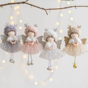 Christmas Mesh Sequin Antler Angel Girl Doll Pendant Hanging Ornament With Metal Bell For Xmas Tree Festive Home Decor