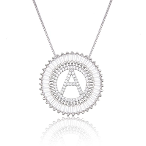 Silver round pendant necklace with letter A and sparkling cubic zirconia stones
