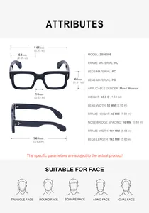 Detailed technical specifications and sizing dimensions for vintage square sunglasses