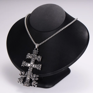 Hip hop stainless steel necklace with silver religious cross pendant on neck display
