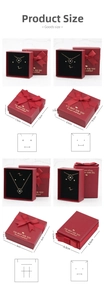 Detailed size chart of red bow jewelry boxes with sponge slots for rings and necklaces