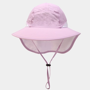 Macro detail of breathable mesh side panels and quick-dry fabric on purple sun hat