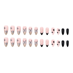 French style almond false nails with butterfly heart designs and black french tips