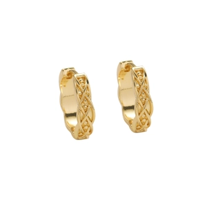 Polished gold woven texture crisscross hoop earrings with hypoallergenic clasp design