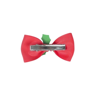 Christmas bow hair clip with red ribbon and green leaf accents for girls