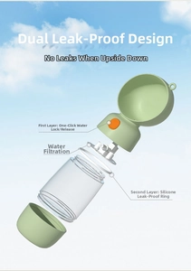 Exploded view of portable dog water bottle showing filtration and leak-proof components