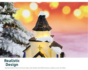 Macro detail of a lighted Christmas resin church figurine with snow-covered roof decoration