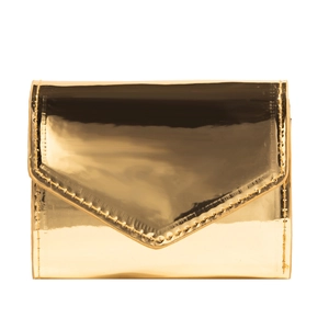 Glossy gold mirror finish envelope wallet with sleek flap design and premium stitching