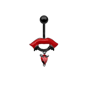 Piercing nombril gothique avec lèvres rouges, ailes noires et gemme en cœur