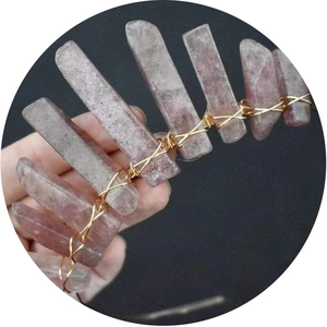 Handmade crown headband with natural pink crystal stones and golden wire wrapping