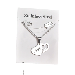 Silver stainless steel jewelry set featuring love heart necklace and stud earrings