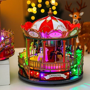 Christmas carousel music box with LED lights and rotating festive ornaments for holiday decor