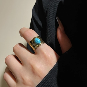 Close-up of 18k gold plated stainless steel ring featuring an oval blue turquoise stone