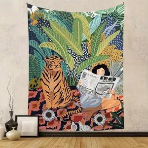 Tropical Jungle Tiger Leopard Illustration Tapestry Wall Hanging Polyester Fabric Bohemian Art Decor For Home