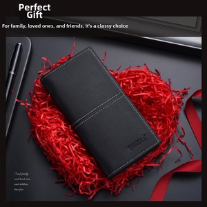 Detail of slim black lychee grain leather wallet with white contrast stitching accents