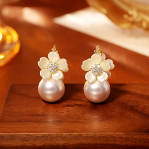 Elegant Shell Flower Artificial Pearl Drop Earrings Copper Gold Plated Zircon Centered For Women Sophisticated Accessory Gift