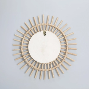 Miroir mural rond en rotin fait main style européen avec cadre tressé en forme de soleil