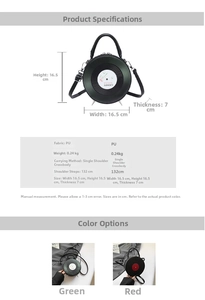 Detailed size chart and parameter view of vinyl record shaped PU leather round crossbody bag