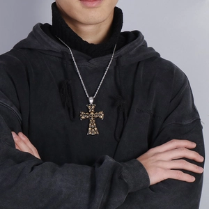 Street style punk skull cross necklace pendant in gold and silver stainless steel